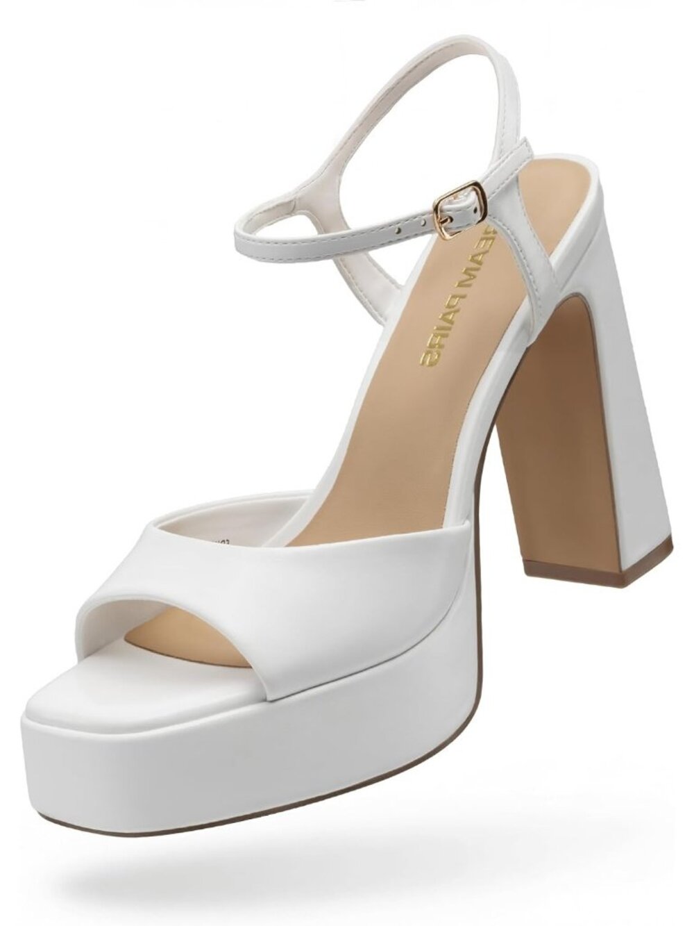 Women's White Faux Leather Square Toe Chunky Ankle Strap Block Heel Sandals